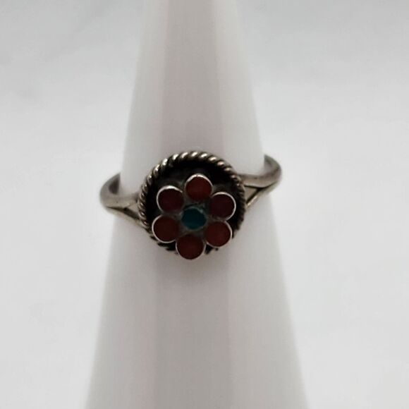 Vintage Southwestern Sterling Silver Turquoise & Coral Flower Ring (4.25) - Picture 1 of 6